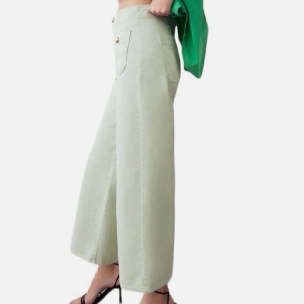 ZARA Woman JEANS Z1975 CROPPED WIDE-LEG JEANS WITH GOLDEN BUTTONS Sea Green Sz 8